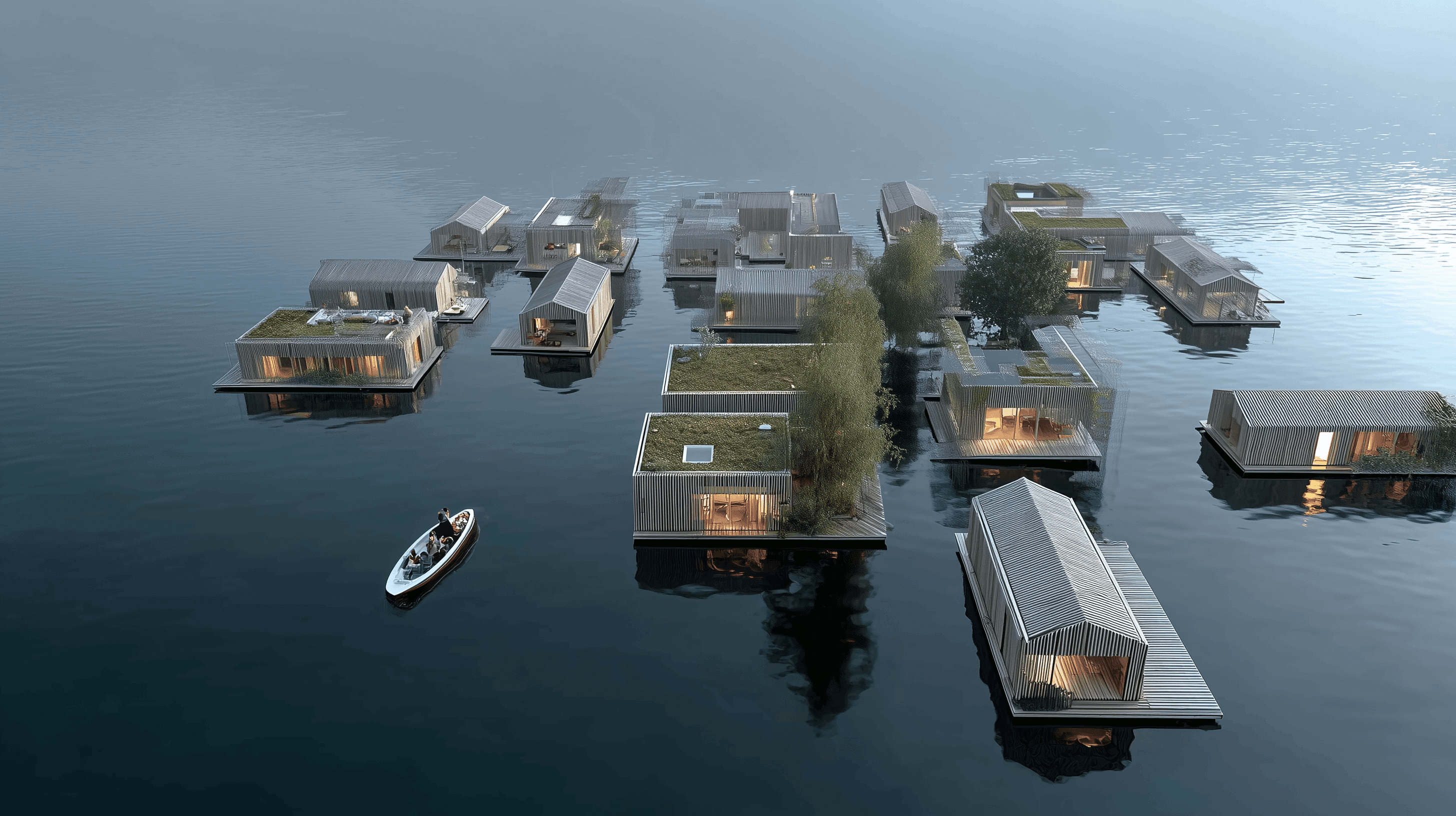 Seava houseboats in urban waterfront setting
